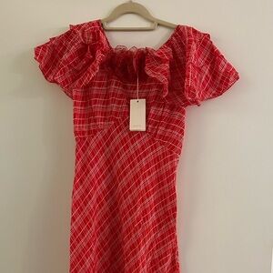 NWT Doen Nevara Plaid Rosette Midi-Dress Sylvie Plaid